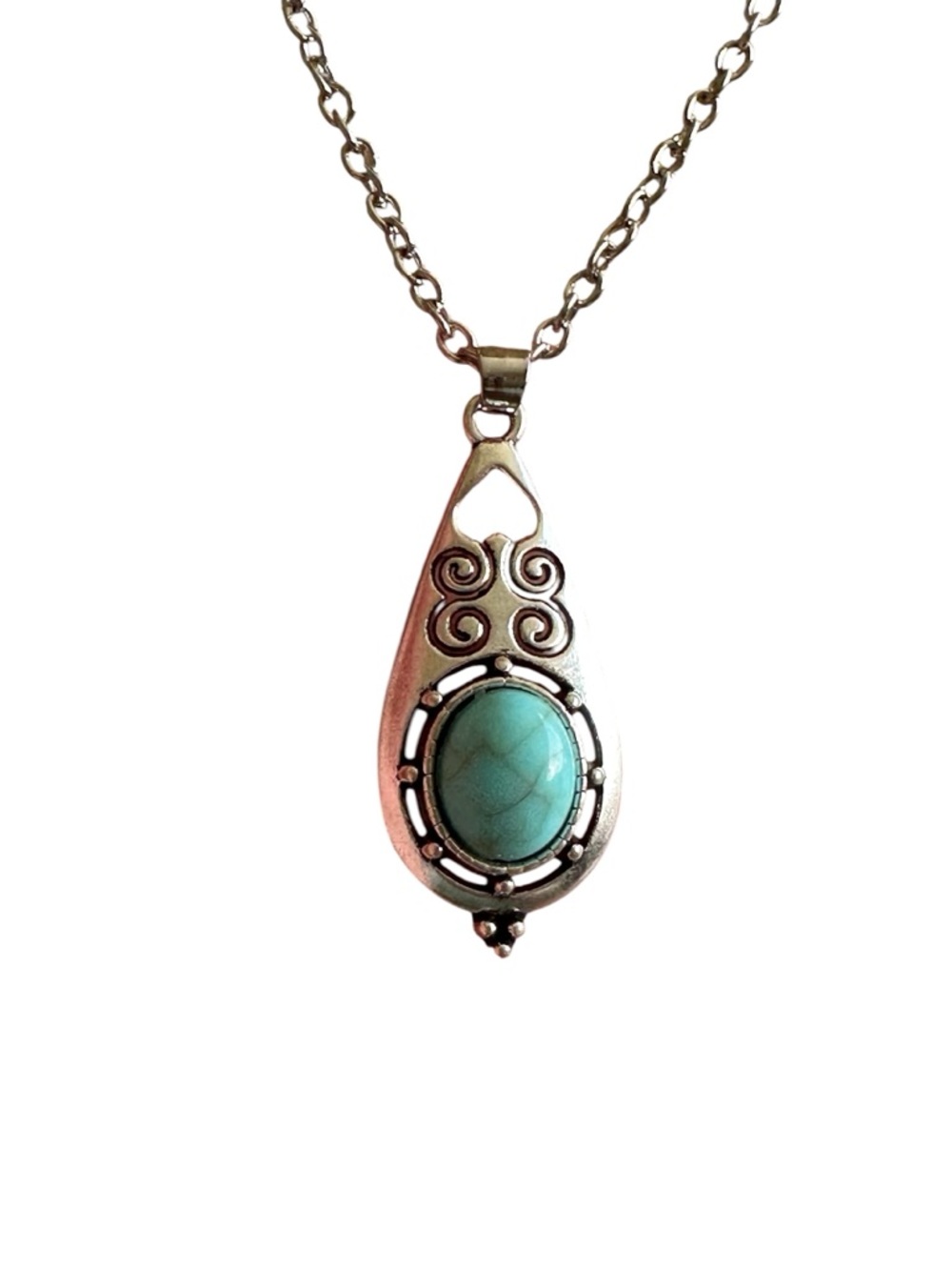 Native American Inspired Silver & Turquoise Engraved Pendant Adjustable Necklace - Picture 3 of 6